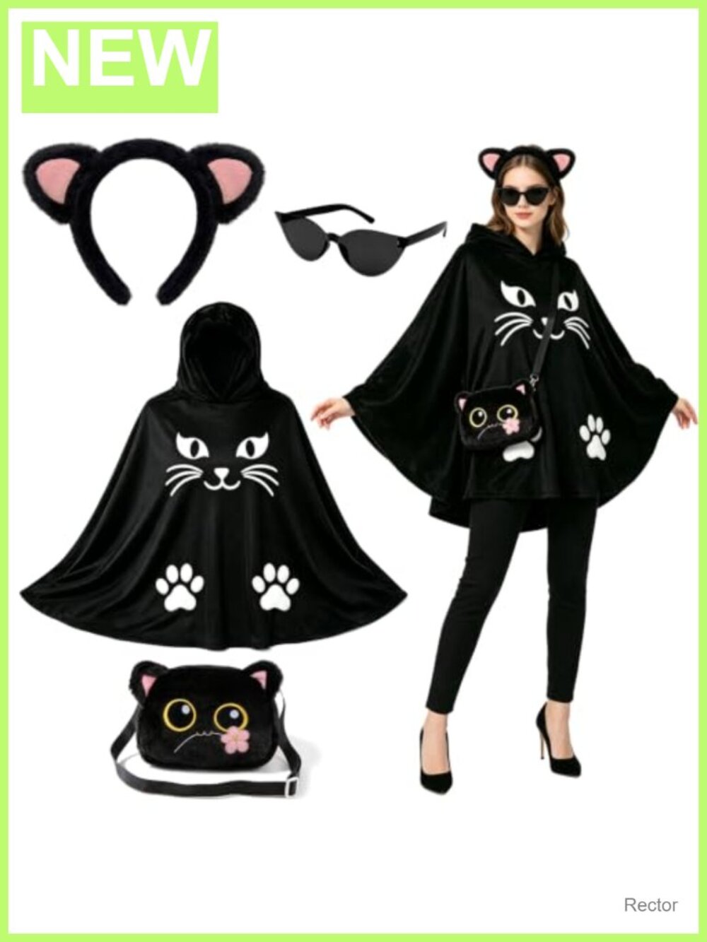 Black Cat Costume Set with Cape, Hood, Ears, Bag